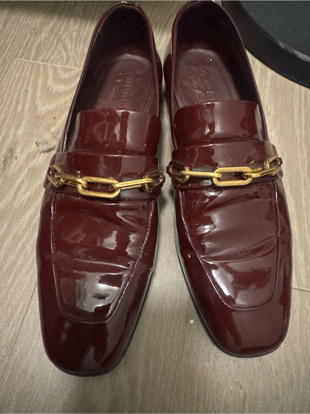 Burberry Burgundy Patent Leather Loafers with Gold Chain size 9